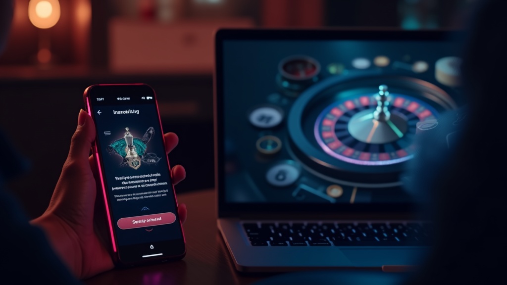 Smartphone met casino app-installatie naast een laptop in donkere sfeer