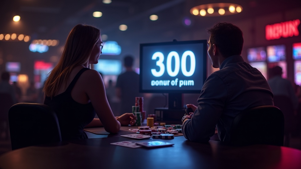 Speler bekijkt een bonusaanbieding in een donkere casino-omgeving