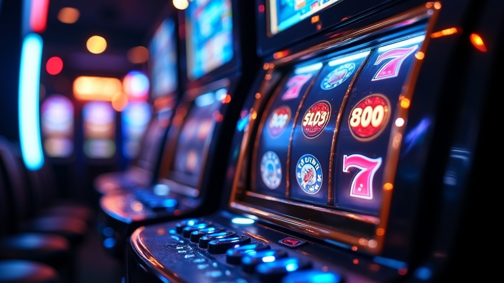 Slots in een donkere casinozaal met bonussymbolen op de rollen